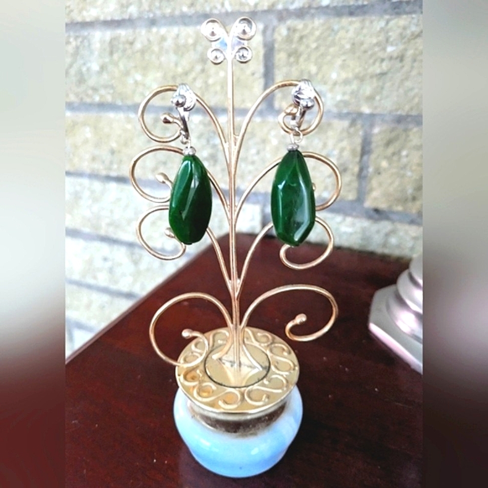 Vintage Green Faceted Dangle Clip Ons